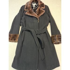 Jessica London Vintage Wool Blend Coat Faux Fur Collar Cuffs Belted Black Medium